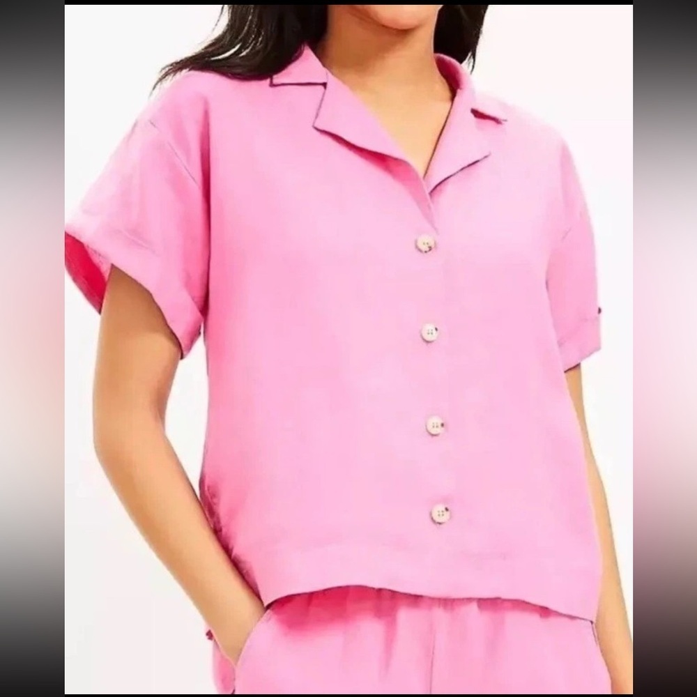LOFT beach pink linen short sleeve button down shirt women’s size XS NWT
